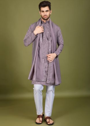 Purple Embroidered Men Kurta Viscose