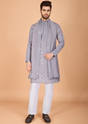 Purple Sequins Work Men Kurta