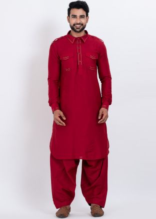Red Men Pathani Salwar Suit In Viscose