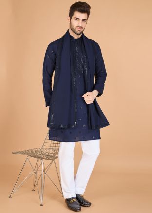 Readymade Navy Blue Embellished Kurta With Stole