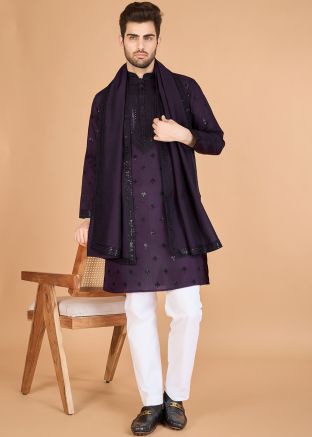 Purple Embroidered Kurta With Stole
