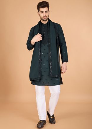 Readymade Green Embroidered Kurta With Stole
