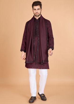 Maroon Readymade Embroidered Kurta With Stole