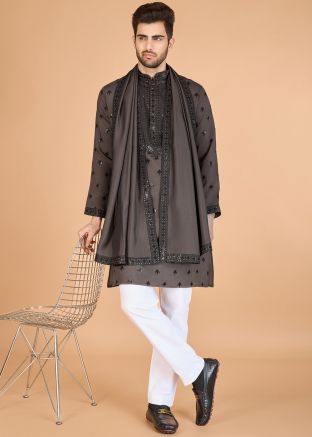 Brown Viscose Embroidered Kurta With Stole
