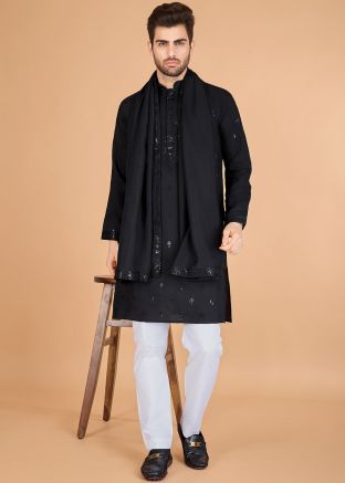 Black Viscose Embroidered Kurta With Stole
