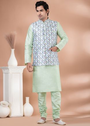 Green Kurta Pajama With Printed Nehru Jacket