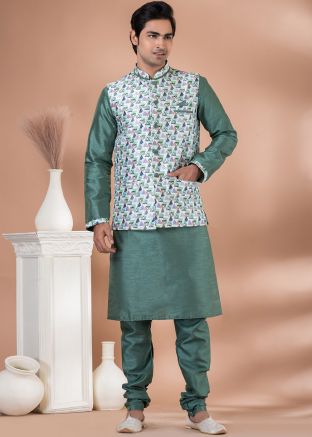 Green Printed Kurta Pajama With Nehhru Jacket