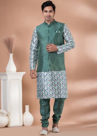 Multicolor Printed Kurta Pajama With Nehru Jacket