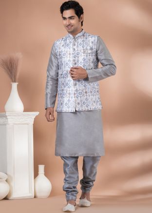 Grey Kurta Pajama With Printed Nehru Jacket