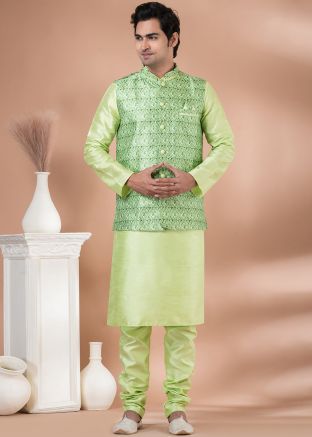 Green Men Kurta Pajama With Printed Nehru Jacket