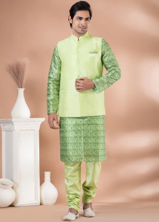 Green Printed Kurta Pajama With Nehhru Jacket
