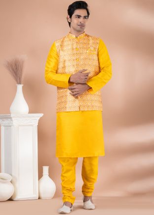 Yellow Kurta Pajama With Printed Nehru Jacket
