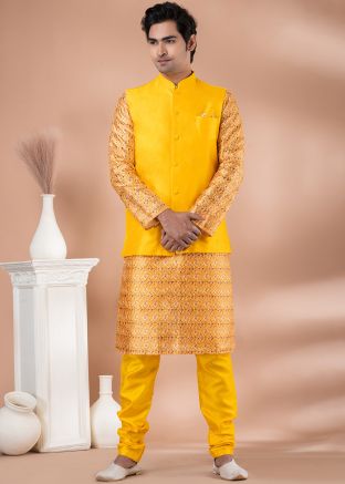 Yellow Printed Kurta Pajama With Nehru Jacket
