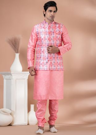 Pink Kurta Pajama With Printed Nehru Jacket