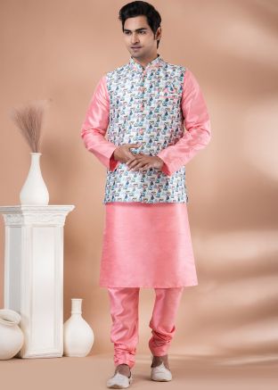 Pink Kurta Pajama With Printed Nehru Jacket