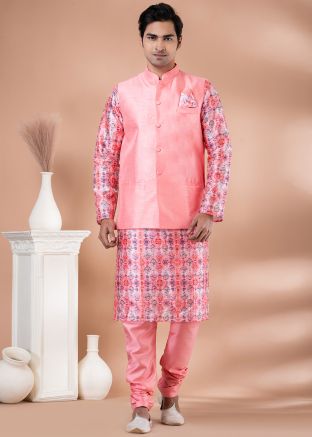 Pink Printed Kurta Pajama With Nehru Jacket