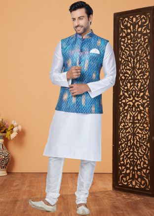 White Men Kurta Pajama With Nehru Jacket