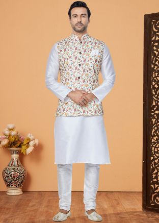 White Kurta Pajama With Embroidered Nehru Jacket