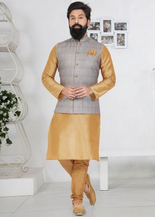 Brown Men Kurta Pajama With Embroidered Nehru Jacket