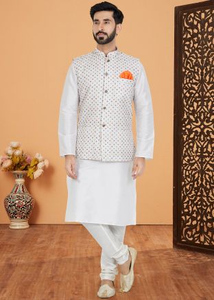 White Kurta Pajama With Printed Nehru Jacket