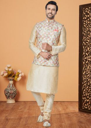 Cream Kurta Pajama With Print Nehru Jacket