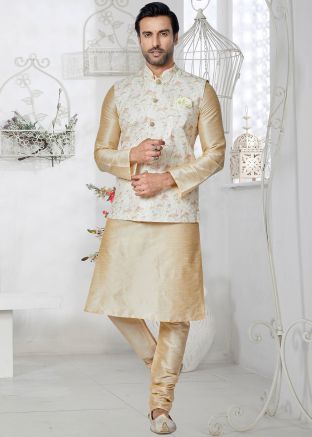 Cream Kurta Pajama With Printed Nehru Jacket