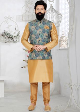 Brown Kurta Pajama With Printed Nehru Jacket