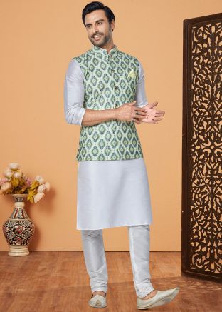 Off White Kurta Pajama With Printed Nehru Jacket