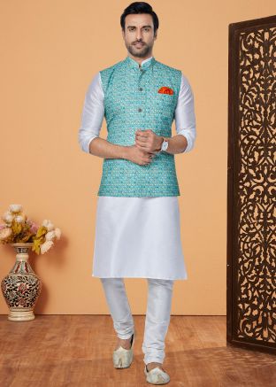 Off White Kurta Pajama With Printed Nehru Jacket