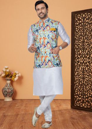 Off White Kurta Pajama With Printed Nehru Jacket