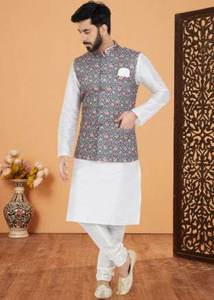 White Kurta Pajama With Printed Nehru Jacket