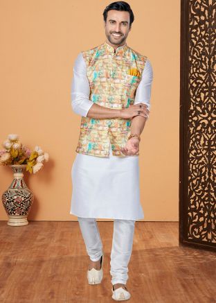 Off White Kurta Pajama With Printed Nehru Jacket