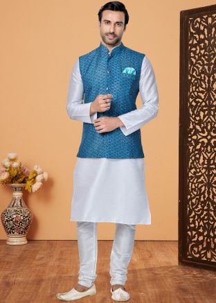 Off White Kurta Pajama With Embroidered Nehru Jacket