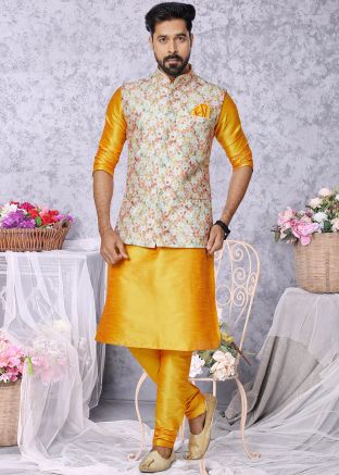 Yellow Kurta Pajama With Printed Nehru Jacket