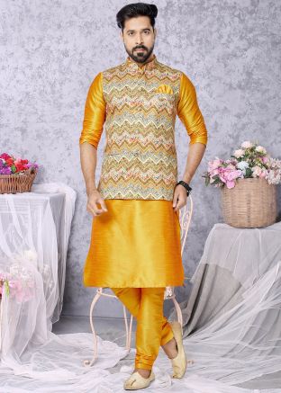 Yellow Kurta Pajama With Printed Nehru Jacket