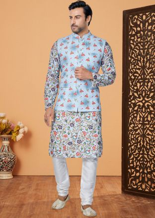 Blue Floral Print Kurta Pajama With Nehru Jacket