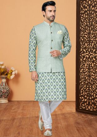 Pastel Green Printed Kurta Pajama With Nehru Jacket