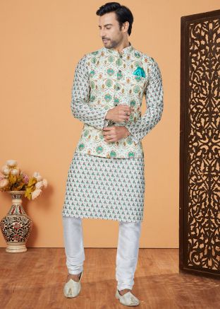 Off White Printed Kurta Pajama With Nehru Jacket