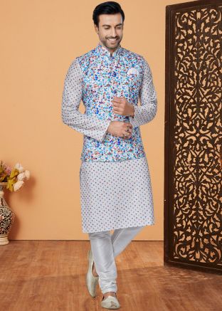 Off White Printed Kurta Pajama With Nehru Jacket