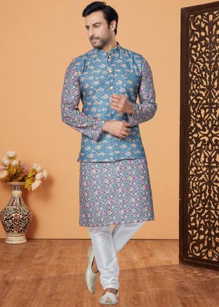 Blue Printed Kurta Pajama With Nehru Jacket