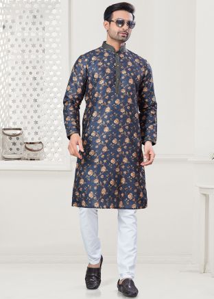 Dark Blue Digital Floral Print Kurta Pajama