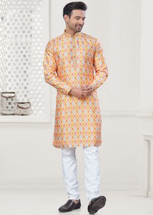 Yellow Digital Print Men Kurta Pajama