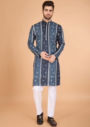 Readymade Grey Embroidered Men Kurta
