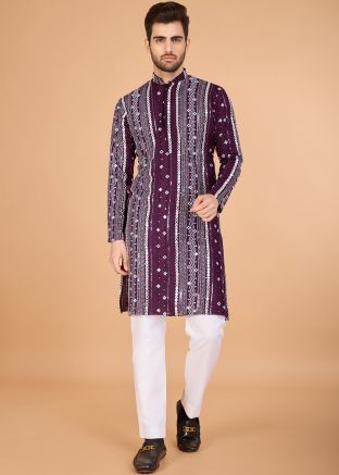 Wine Readymade Embroidered Men Kurta