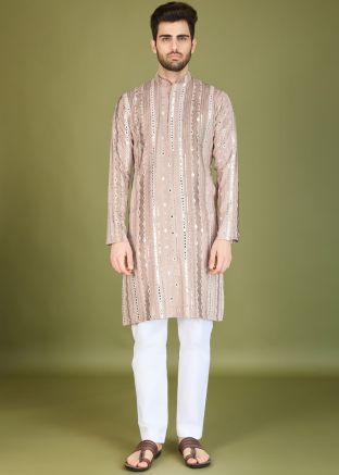 Beige Embroidered Rayon Men Kurta