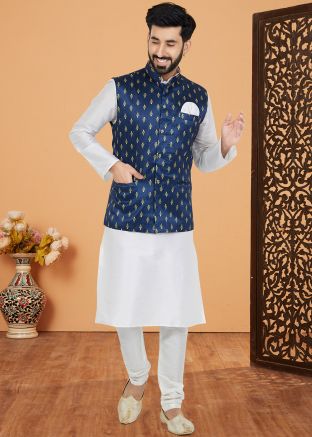 White Men Kurta Pajama With Woven Nehru Jacket