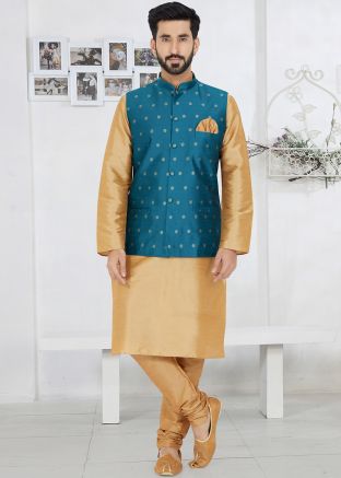Brown Kurta Pajama With Woven Nehru Jacket