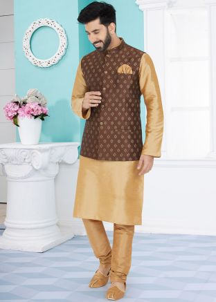 Brown Kurta Pajama With Woven Nehru Jacket