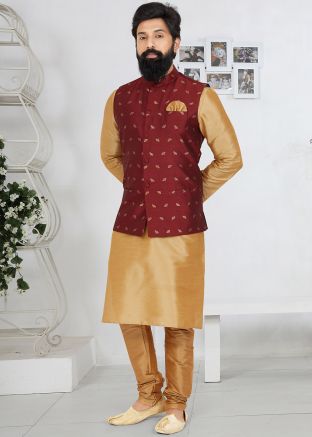 Brown Kurta Pajama With Maroon Woven Nehru Jacket
