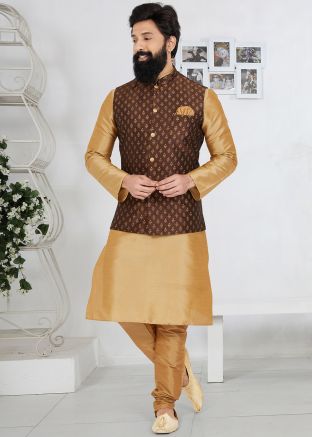 Brown Kurta Pajama With Woven Nehru Jacket